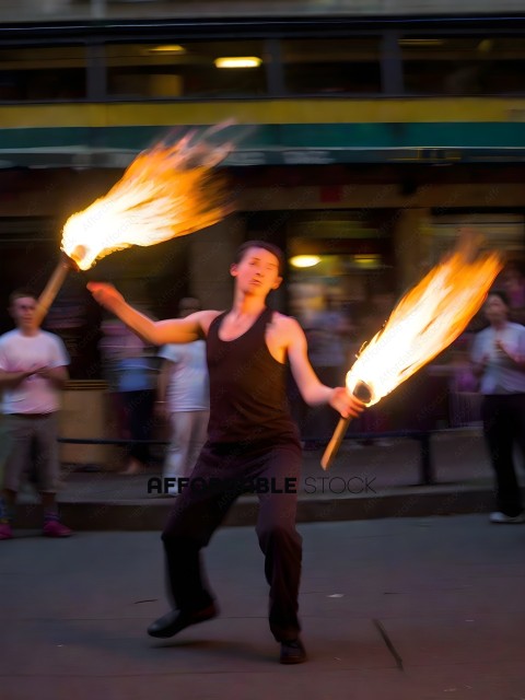 Man with fire torches in street