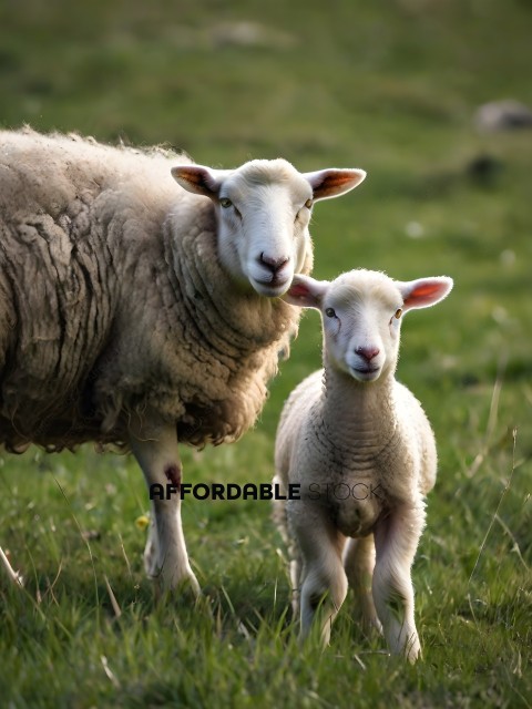 A mother sheep and her baby standing in a grassy field
