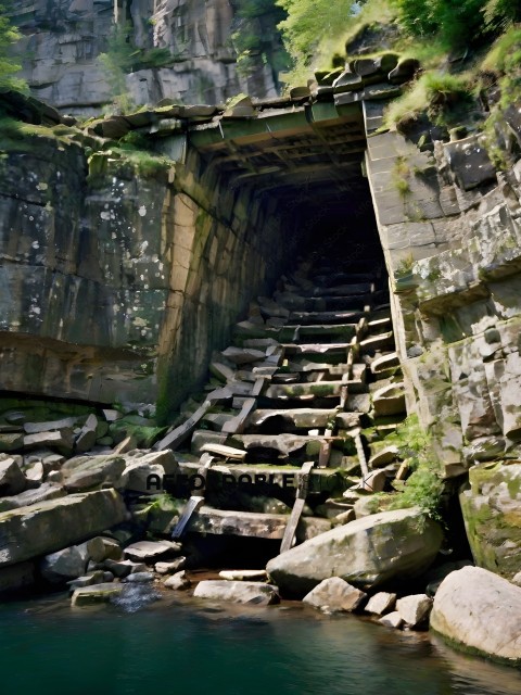 A rocky tunnel with a wooden ladder