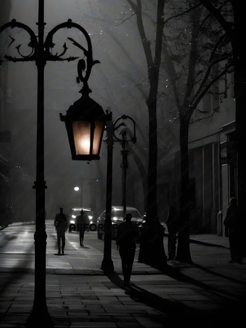 People walking down a street at night