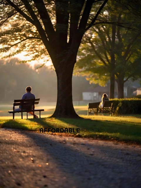 A man and a woman sit on a bench in a park
