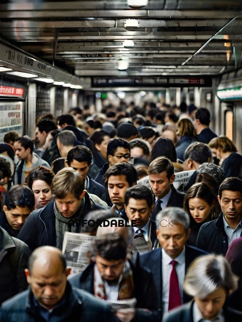 Crowded Subway Station with People Reading Newspapers