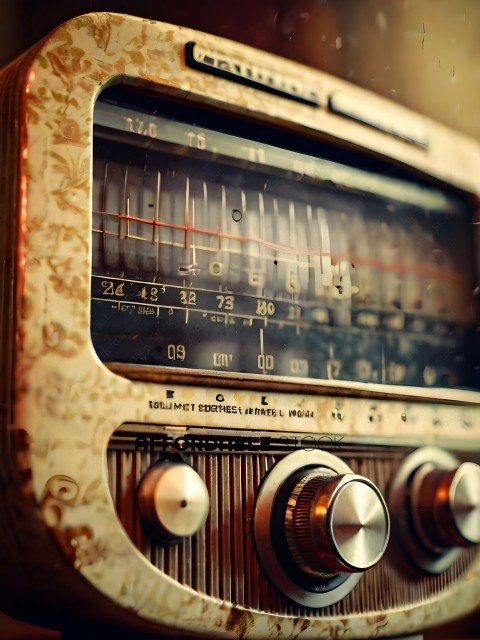 An old fashioned radio with a dial and knobs
