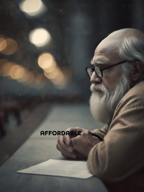 An elderly man with a long white beard and glasses is sitting down and looking off into the distance