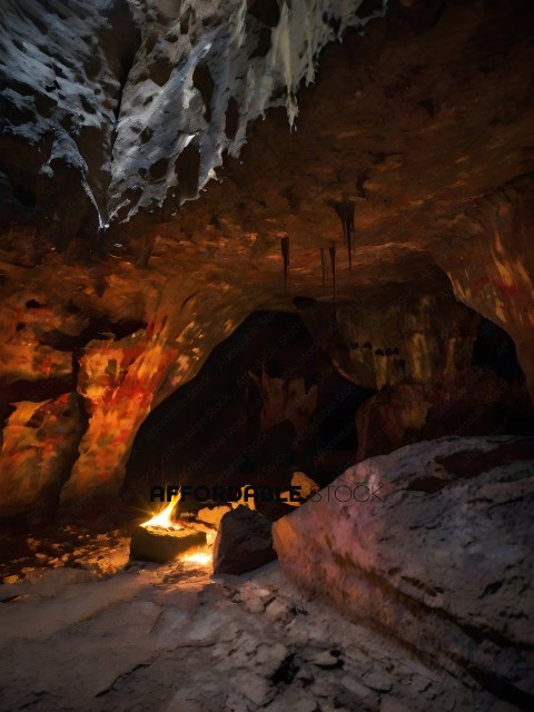 A fire in a cave with a rock wall