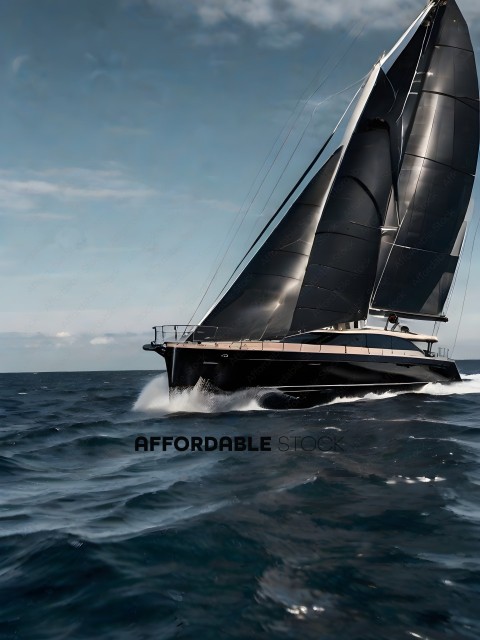 A large black sailboat with a white stripe on the side