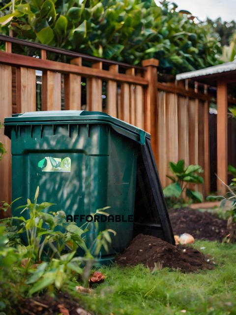 A green trash can with a sticker on it