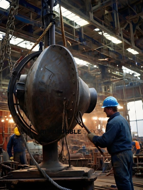 A man in a blue helmet is working on a large metal object