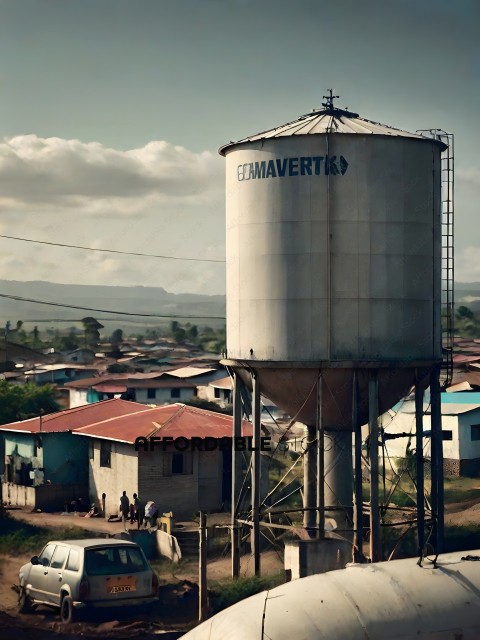 A group of people walking in front of a large water tower
