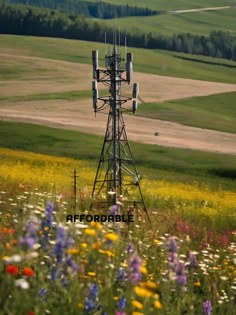 A tower in a field of flowers