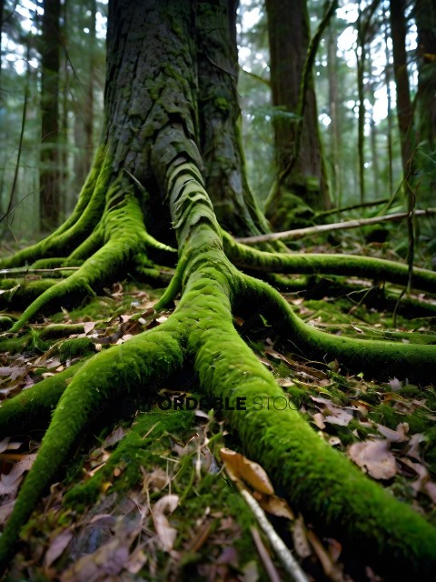 A mossy tree trunk with a large root system