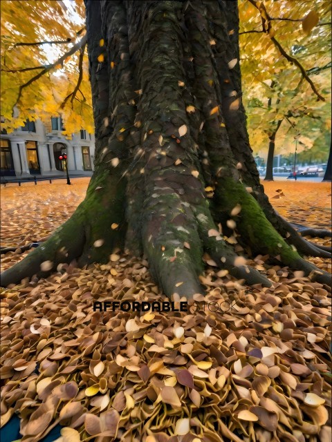 A tree with yellow leaves and brown leaves on the ground
