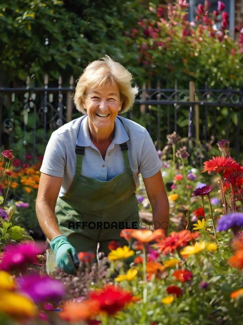 A woman in a garden smiles while tending to flowers