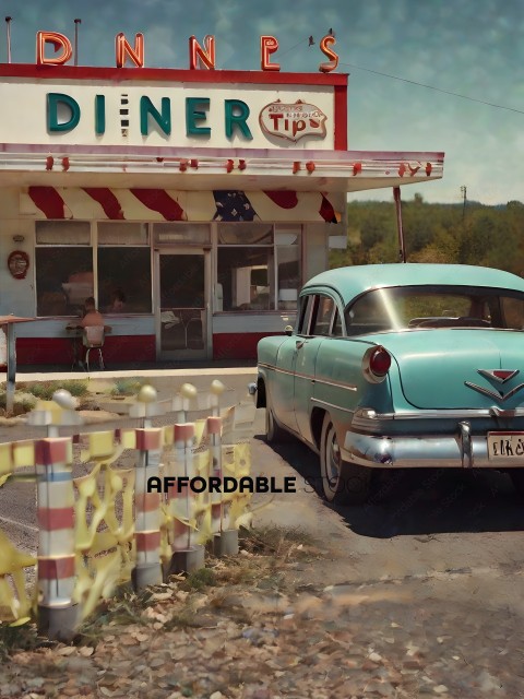 A vintage car parked in front of a diner