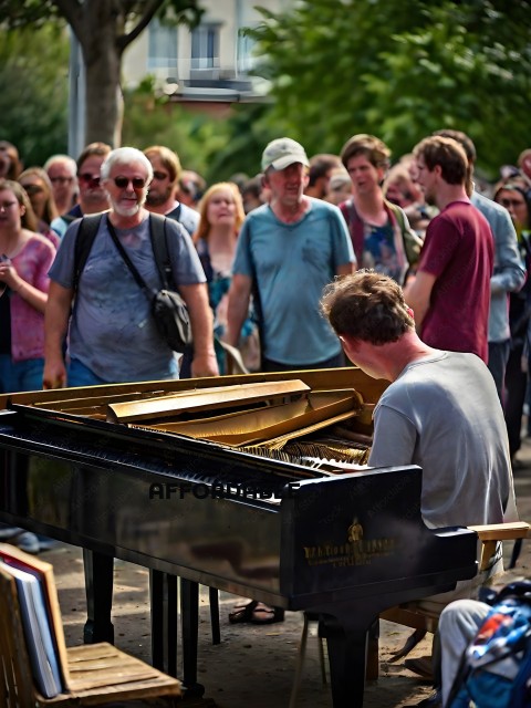 A man plays the piano in a crowded area