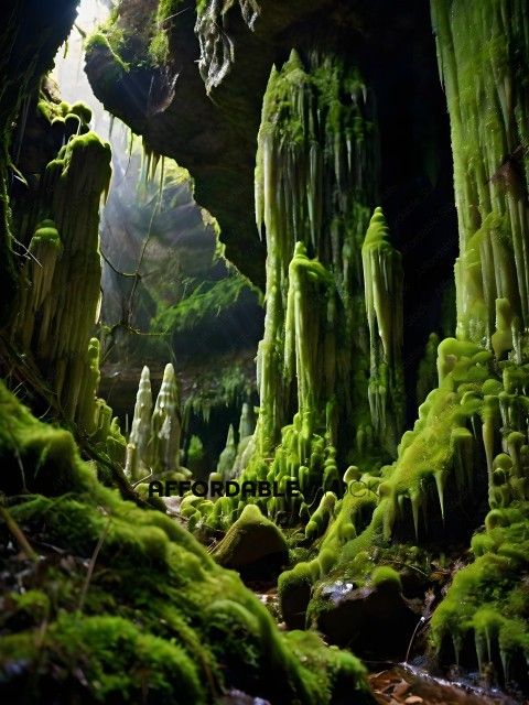 A dark, mossy cave with a green, mossy floor