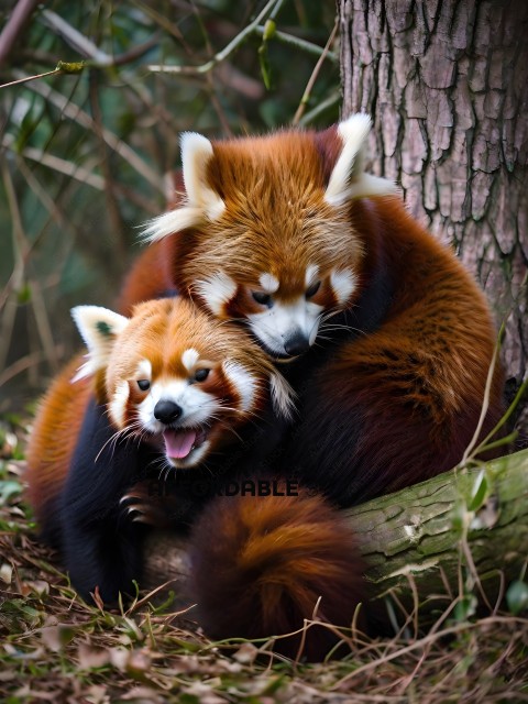 Two Red Pandas Snuggling on a Tree Branch