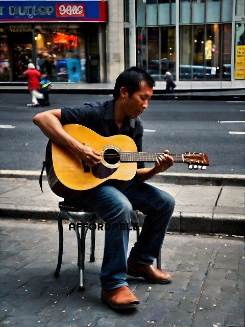 A man playing guitar on a sidewalk