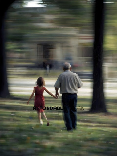 A man and a young girl walk through a park