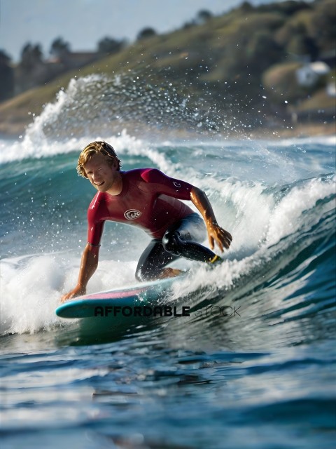 Man in a red wetsuit surfing on a blue surfboard