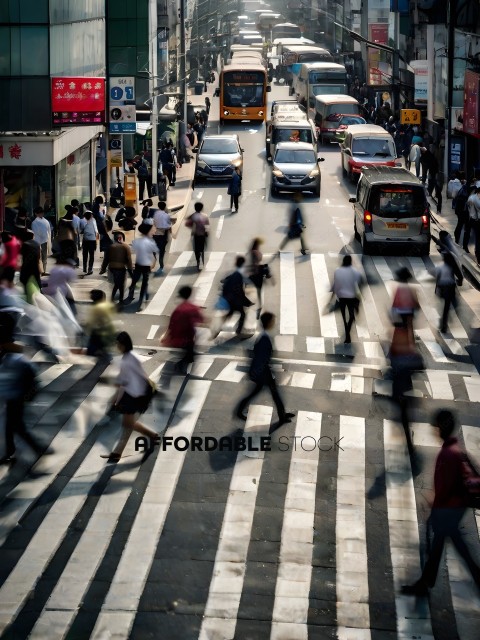 Crowded city street with people crossing