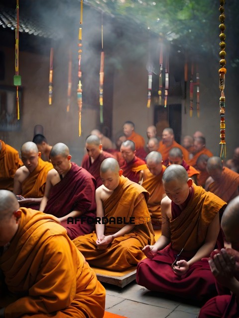 Buddhist monks in orange robes sitting in a circle