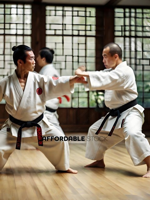 Two men in martial arts uniforms are practicing