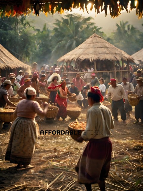 People in a village with baskets and baskets of food