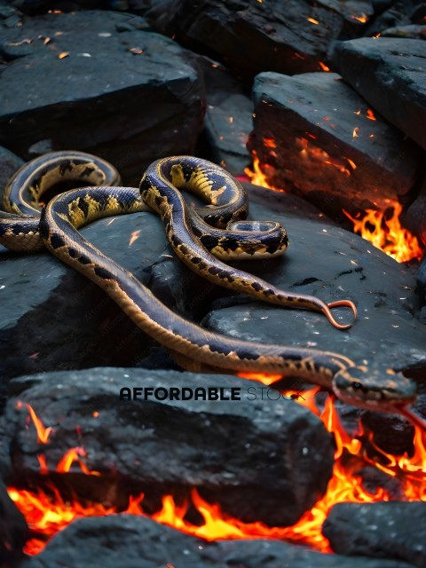 A snake laying on a rock with fire in the background