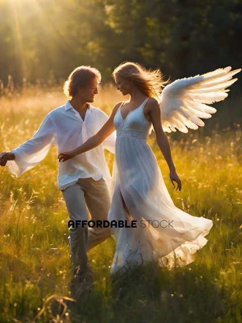 A man and woman dancing in a field with wings