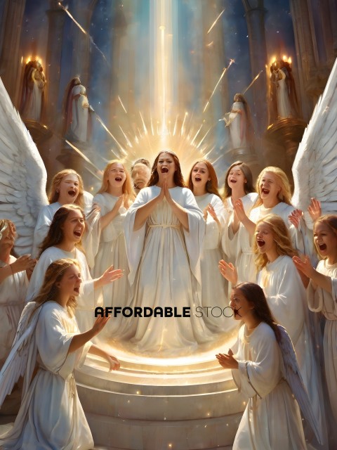 A group of angels are singing and clapping for a woman