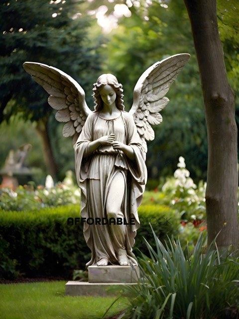 A statue of an angel with wings and a long gown