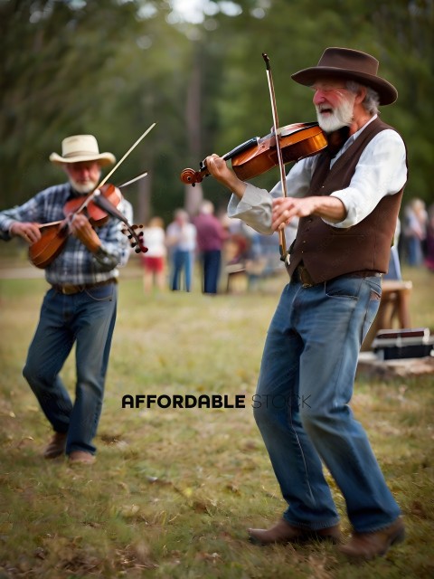 Two men playing violins in a field