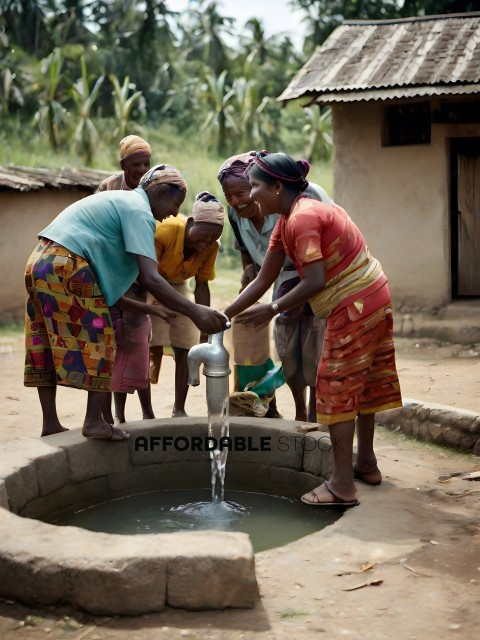 A group of people gather around a water source