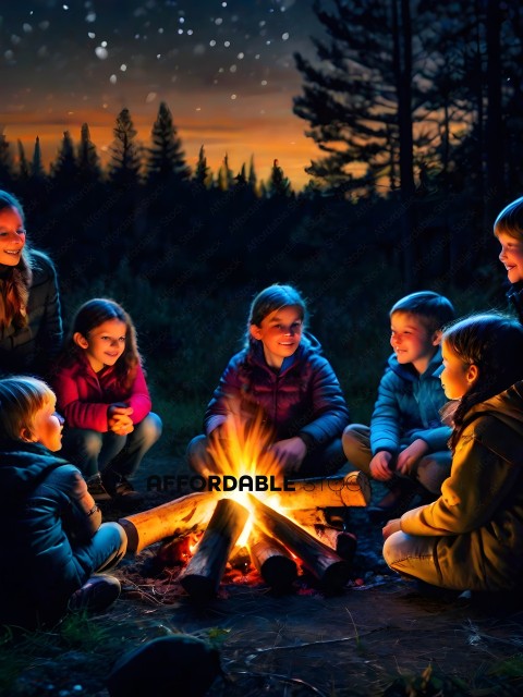 A group of children and adults sit around a fire