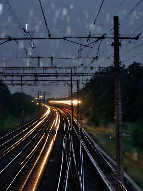 Train tracks at night with light streaks