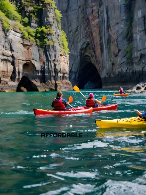 Kayakers in the water with a rocky cliff in the background