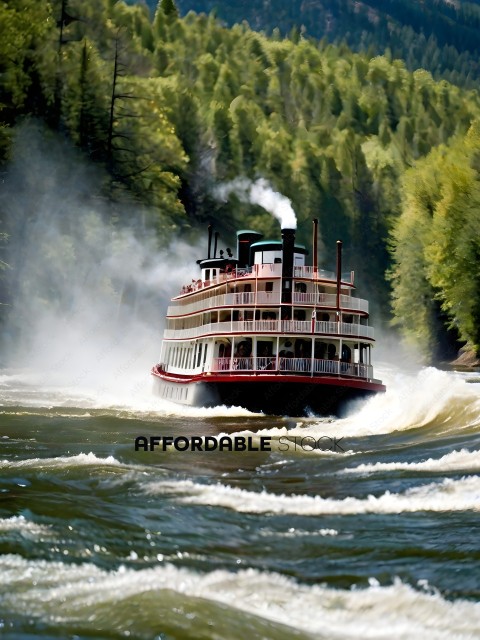 A steamboat on a river with smoke coming out of the top