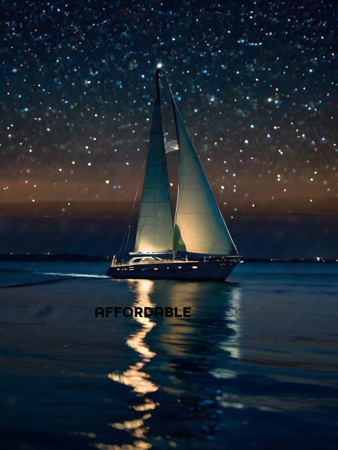 A sailboat sails at night with a starry sky