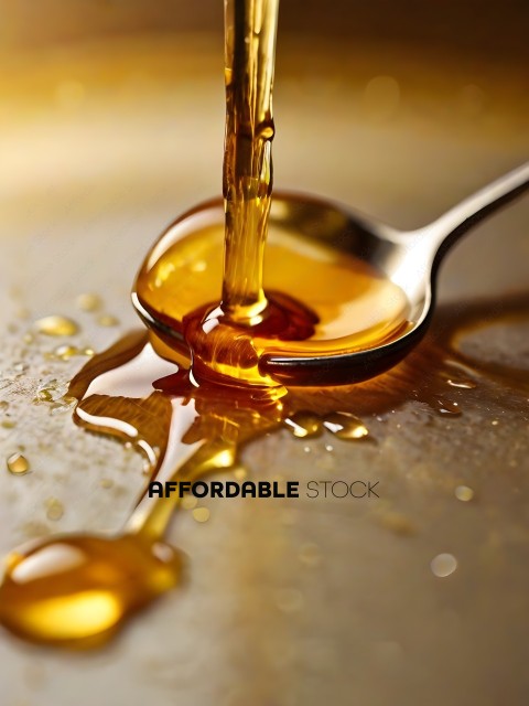 A spoonful of honey dripping down a table