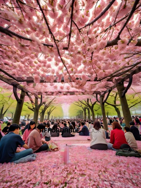 People sitting on the ground under a pink blossom tree