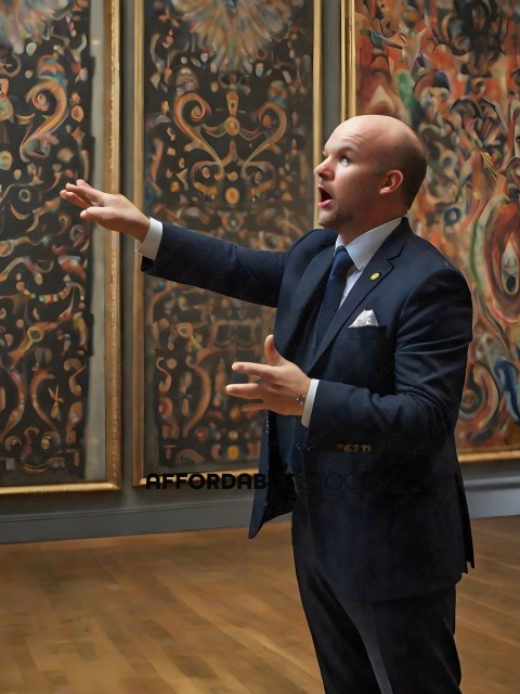 A man in a suit is standing in front of a painting
