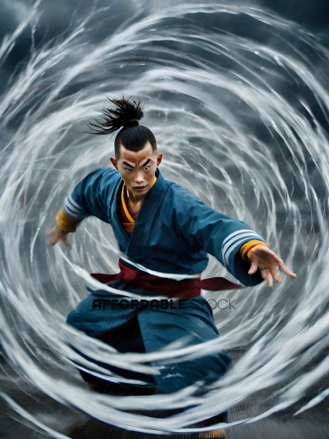 A man in a blue robe is standing in front of a swirling mist