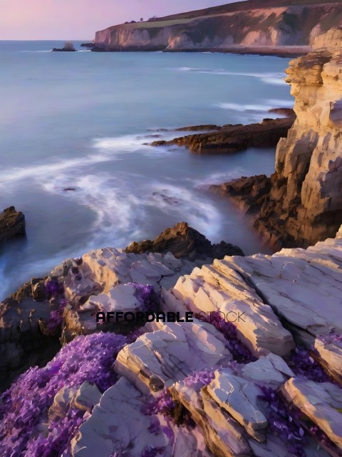 A rocky coastline with purple flowers