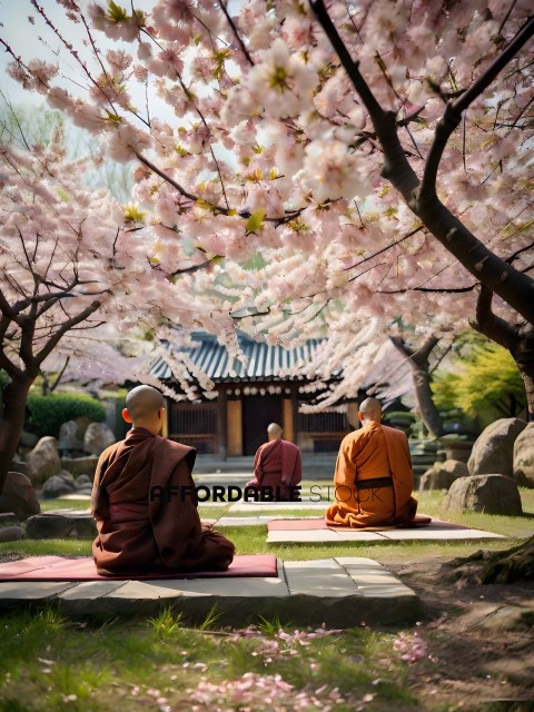 Three Buddhist monks sitting in a garden