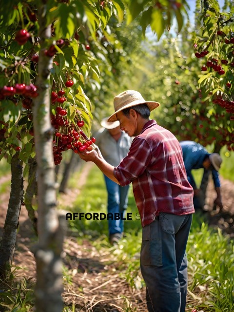 Two men picking cherries in a field