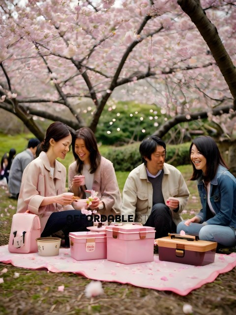 A group of people sitting on the ground in a park, drinking and eating