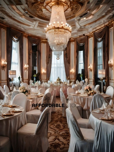 A fancy ballroom with a chandelier and white tablecloths