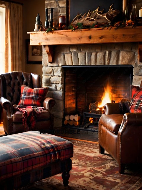 A cozy living room with a fireplace and plaid furniture