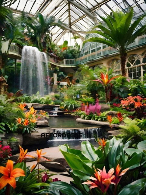 A beautiful garden with a waterfall and a lot of plants